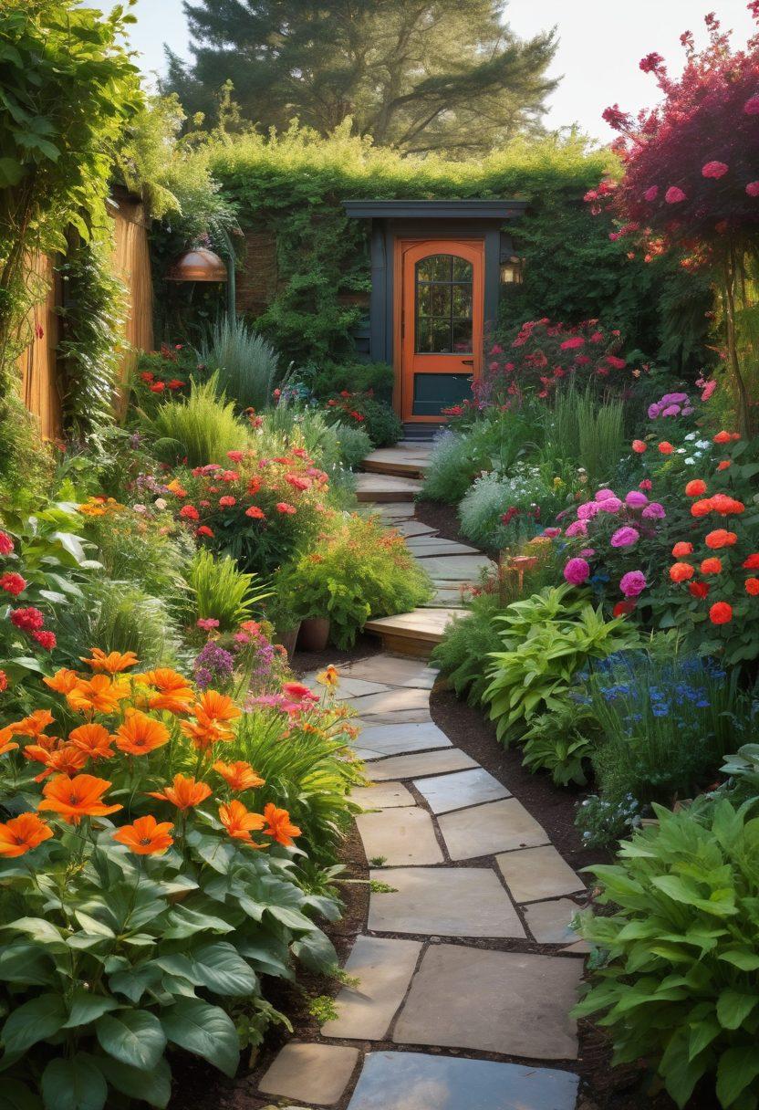 A lush garden filled with vibrant flowers and greenery, showcasing a variety of eco-friendly gardening techniques such as raised beds, vertical gardening, and native plant selections. Include a small compost bin and a rainwater harvesting system visible in the background. The scene should be bathed in warm sunlight, conveying a sense of thriving nature. super-realistic. vibrant colors. daytime.