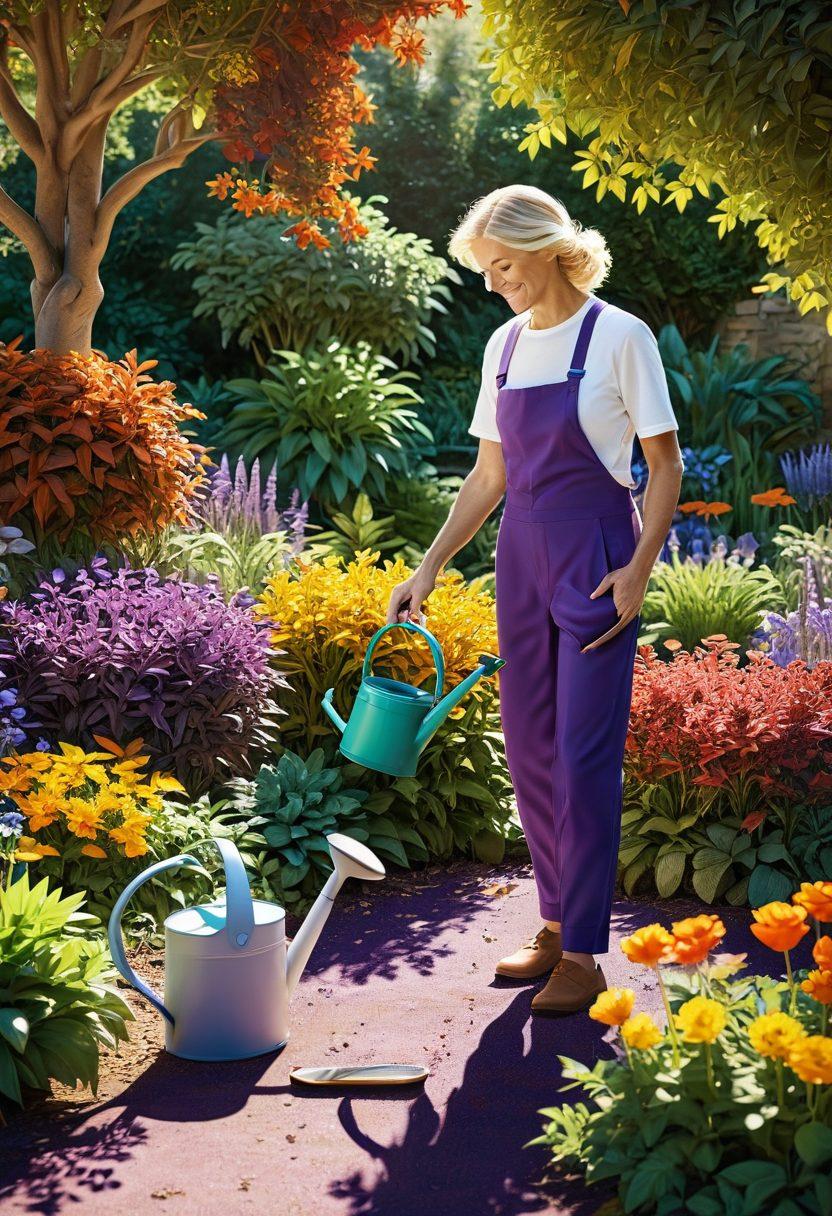 A lush, sunlit garden scene showcasing a variety of thriving plants, with a gardener caring for them using tools and watering can. Include seasonal elements like autumn leaves and blooming flowers, emphasizing vibrant greens, oranges, and purples. A cheerful sun in the background adds warmth to the scene. super-realistic. vibrant colors. 3D.