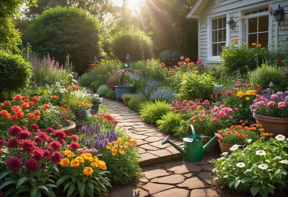 A lush garden filled with diverse plants showcasing vibrant greens, colorful flowers, and healthy leaves. A gardener nurturing the plants with watering can and gardening tools, surrounded by pots of herbs and blooming flowers. Sunlight streaming through, creating a warm, inviting atmosphere. Infographic elements in the background featuring care tips in elegant typography. bright colors. super-realistic. vibrant sunlight.